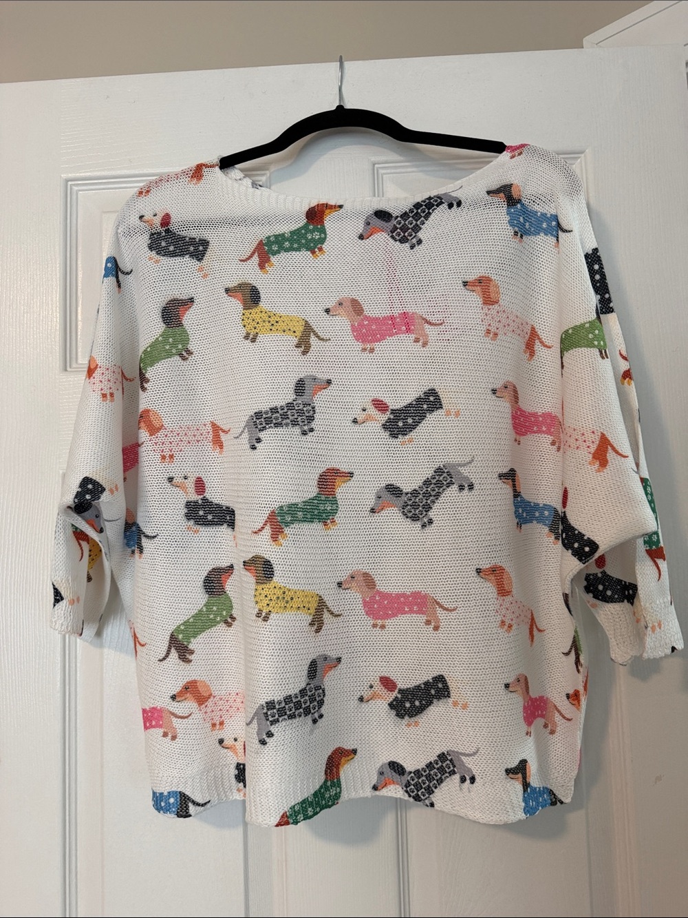 White Knit Women’s Top with Colorful Dachshund Print